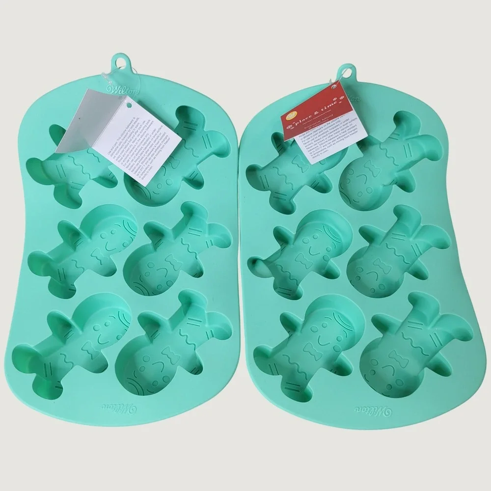 Wilton Place & Time Gingerbread Man Silicone Mold Set 2 Mint Green 6 Cavity New